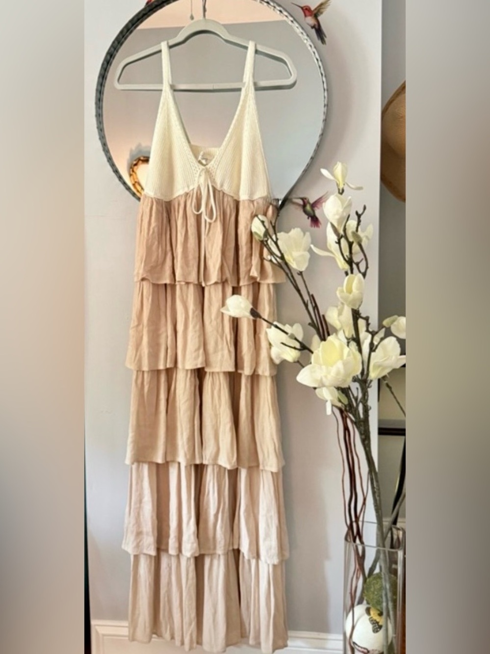 Tiered Maxi Sundress with Cream Bodice and Tan Skirt